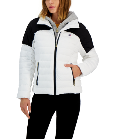 Tommy Hilfiger Women's Hooded Colorblocked Coat In Bright White,black