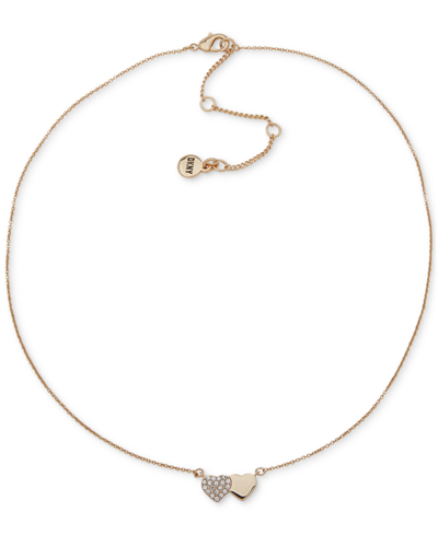 Dkny Gold-tone Pave Crystal Double Heart Pendant Necklace, 16" + 3" Extender In White