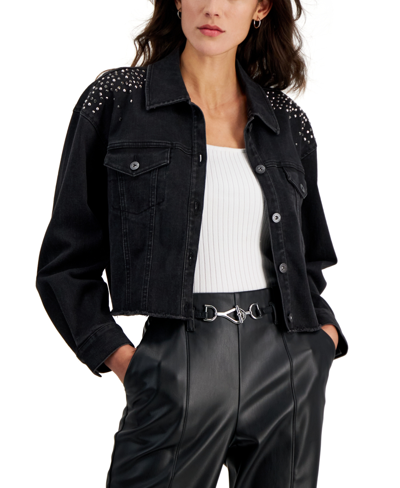Inc International Concepts Women's Embellished Denim Trucker Jacket, Created For Macy's In Deep Black Wash
