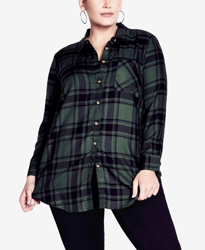 Avenue Plus Size Kylee Plaid Shirt Top In Olive