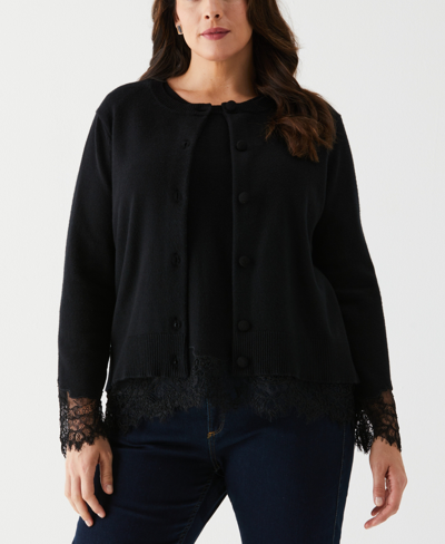 Ella Rafaella Plus Size Lace Trim Long Sleeve Button Cardigan Sweater In Black