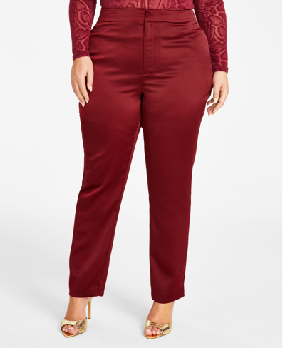Nina Parker Trendy Plus Size Satin Fitted Pants In Burgundy