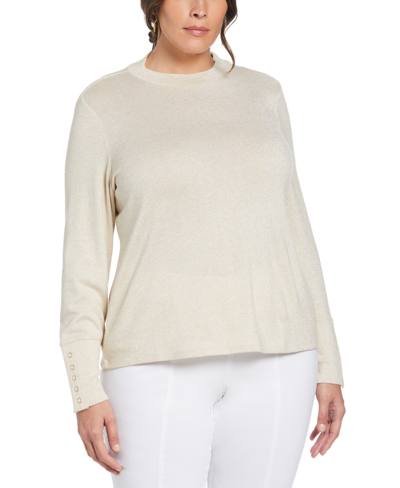 Ella Rafaella Plus Size Mock Neck Snap Cuff Long Sleeve Top In Wheat Heather