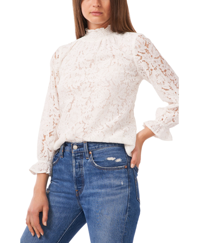 1.state Women's Long Sleeve Smocked Neck Lace Blouse In Soft Ecru