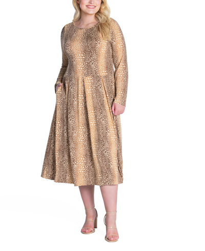 24seven Comfort Apparel Plus Size Pleated Pocket Midi Dress In Brown Multi