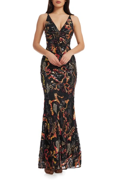 Dress The Population Sharon Embellished Sleeveless Gown In Black Multi