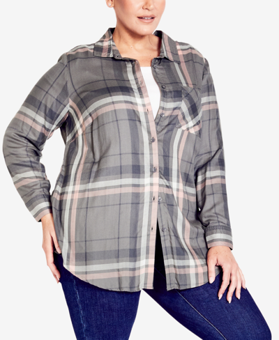 Avenue Plus Size Kylee Check Shirt Top In Gray,pink