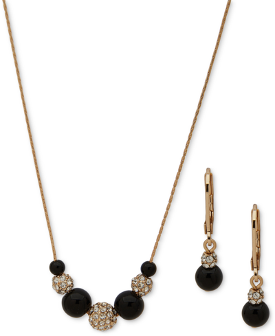 Anne Klein Gold-tone Pave Fireball & Imitation Pearl Statement Necklace & Drop Earrings Set In Jet