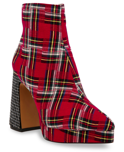 Betsey Johnson Millburn Womens Twill Fabric Rhinestone Heel Ankle Boots In Red Plaid Multi