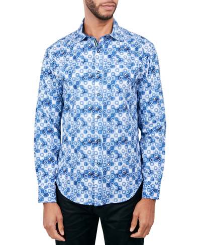 Society Of Threads Men's Regular-fit Non-iron Performance Stretch Geo-print Button-down Shirt In Blue