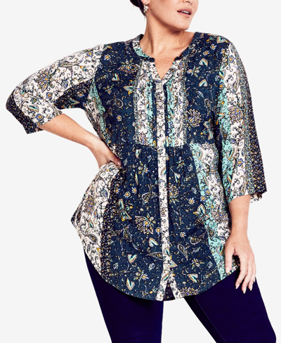 Avenue Plus Size Mae Print 3/4 Sleeve Tunic Top In First Blush