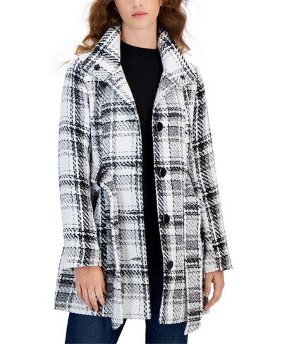 Bcx Juniors' Belted Double-breasted Plaid Long-sleeve Coat In White,black