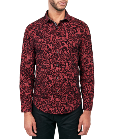 Society Of Threads Men's Regular-fit Flocked Paisley Button-down Shirt In Burgundy