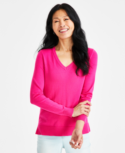 Style & Co Women's V-neck Long-sleeve Sweater, Created For Macy's In Candy Pop