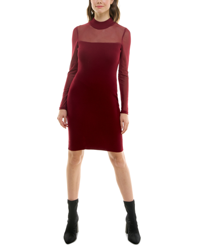 Crave Fame Juniors' Illusion Mock Neck Bodycon Sweater Dress In Burgundy
