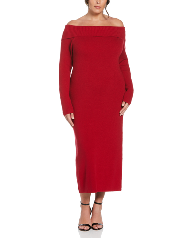 Ella Rafaella Plus Size Off-the-shoulder Long Sleeve Sweater Dress In Ruby