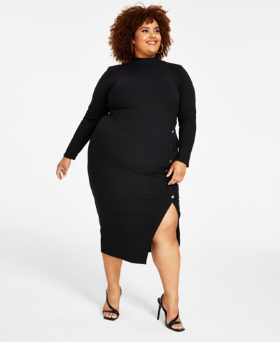 Nina Parker Trendy Plus Size Ribbed Mock-neck Bodycon Dress In Black Beauty