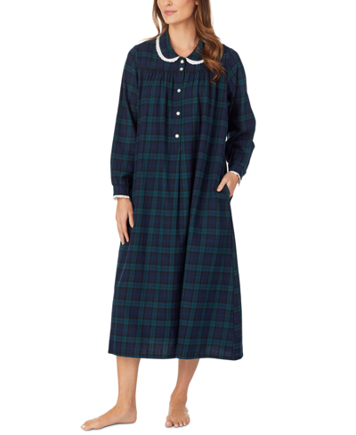Lanz Of Salzburg Cotton Lace-trim Flannel Nightgown In Blue,green