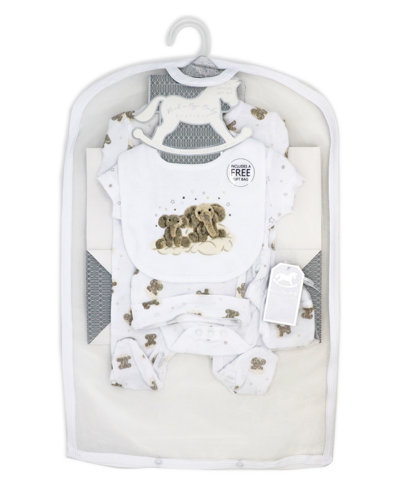 Rock-a-bye Baby Boutique Baby Boys And Girls Sleepy Bear Layette Gift In Mesh Bag, 5 Piece Set In White And Brown