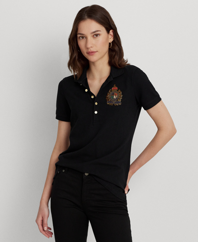 Lauren Ralph Lauren Women's Beaded-crest Pique Polo Shirt In Black