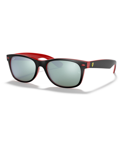 Ray Ban Unisex Sunglasses, Rb2132m Scuderia Ferrari Collection 55 In Top Matte Black On Red,light Green Mirro
