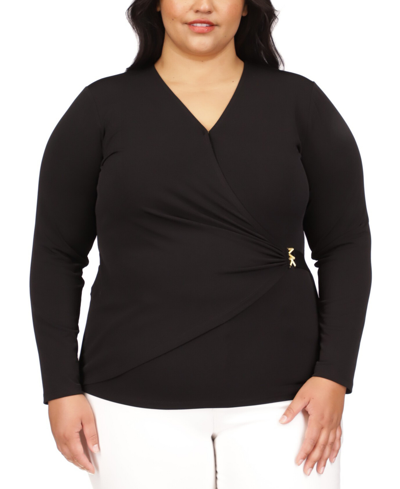 Michael Kors Michael  Plus Size Faux-wrap Logo-hardware Top In Black