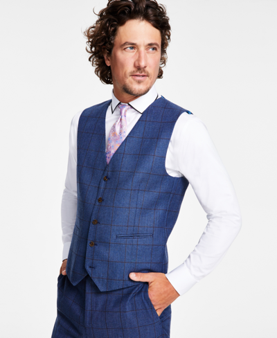 Tayion Collection Men's Classic-fit Stretch Windowpane Check Suit Vest In Navy,brown