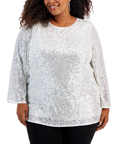 Jm Collection Plus Size Sequined Pullover Tunic In Neo Natrual
