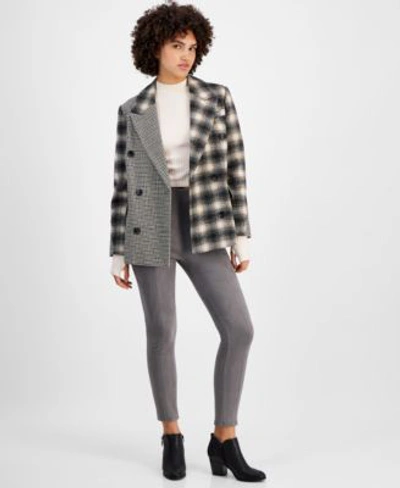 Avec Les Filles Womens Mixed Plaid Double Breasted Blazer Mock Neck Rib Knit Top Faux Suede Seamed Leggings In Grey