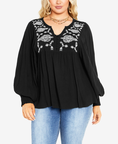 Avenue Plus Size Amahle Embroidered Cuff Sleeve Blouse In Black