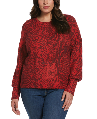 Ella Rafaella Plus Size Slouchy Long Sleeve Printed Sweater In Ruby