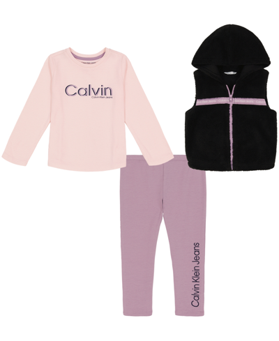 Calvin Klein Kids' Little Girls Hooded Sherpa Vest With Logo T-shirt And Leggings, 3 Piece Set In Black