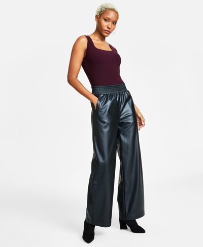 Bar Iii Petite Faux-leather Wide-leg Pants, Created For Macy's In Deep Black