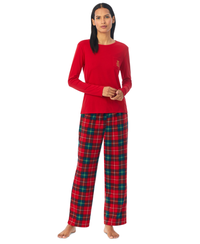 Lauren Ralph Lauren Women's 2-pc. Knit-top Fleece-pant Pajamas Set In Red Plaid