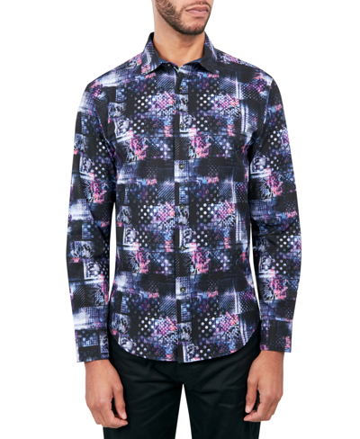 Society Of Threads Men's Regular-fit Non-iron Performance Stretch Patchwork-print Button-down Shirt In Black