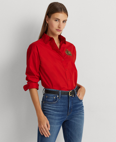 Lauren Ralph Lauren Beaded-crest Stretch-cotton Blend Shirt In Martin Red