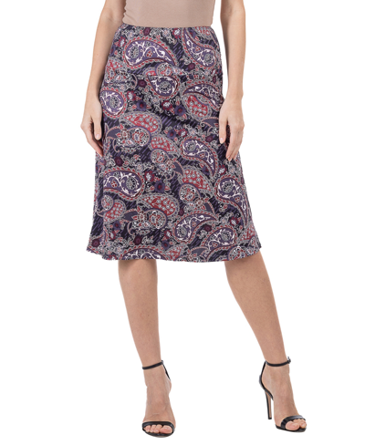 24seven Comfort Apparel Women's Paisley Elastic Waist Knee Length Skirt In Purple Multi