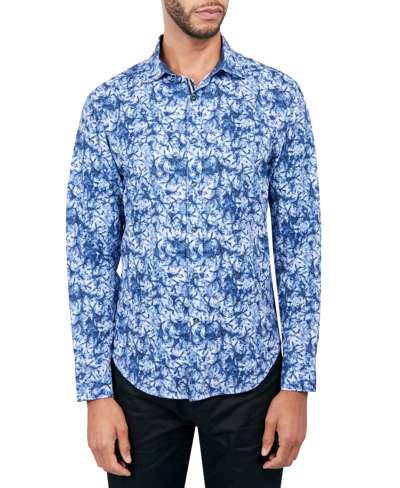 Society Of Threads Men's Regular-fit Non-iron Performance Stretch Rose-print Button-down Shirt In Blue