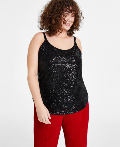 Bar Iii Plus Size Sequin Scoop-neck Camisole, Created For Macy's In Black
