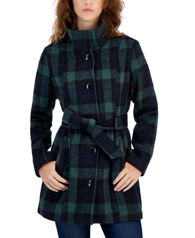 Bcx Juniors' Belted Double-breasted Plaid Long-sleeve Coat In Navy,green