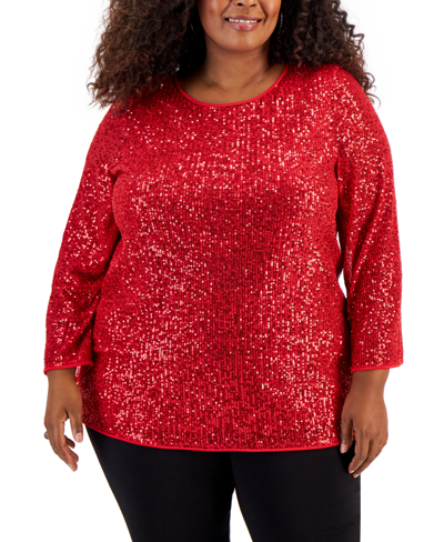 Jm Collection Plus Size Sequined Pullover Tunic In Real Red