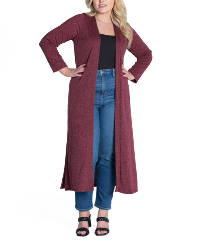 24seven Comfort Apparel Plus Size Long Duster Open Front Knit Cardigan Sweater In Wine