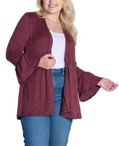 24seven Comfort Apparel Plus Size Bell Sleeve Open Cardigan Sweater In Wine