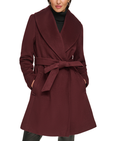Dkny Women's Shawl-collar Wool Blend Wrap Coat In Bordeaux