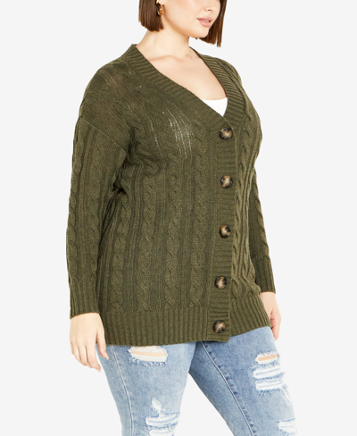Avenue Plus Size Cara Cable V-neck Cardigan Sweater In Olive