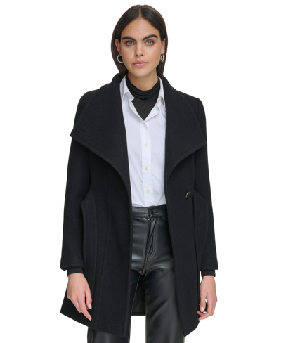 Calvin Klein Women's Petite Asymmetrical Belted Wrap Coat, Created For Macy's In Black Twill