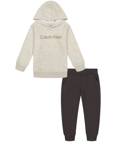 Calvin Klein Kids' Toddler Boys Logo-print Fleece Hoodie And Joggers, 2 Piece Set In Taupe