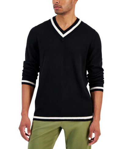 Club Room Men's V-neck Merino Cricket Sweater, Created For Macy's In Deep Black