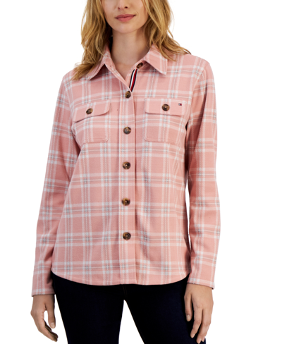 Tommy Hilfiger Women's Collared Plaid Shirt Jacket In Hillside Plaid- Bridal Rose,stone Grey H