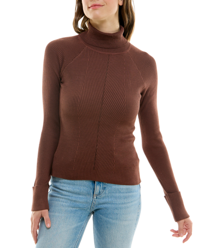 Crave Fame Juniors' Multi-rib Turtleneck Sweater In Brown Chess